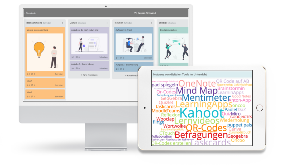 Bild eines iMacs mit einer Pinnwand und ein iPad mit einer Wortwolke